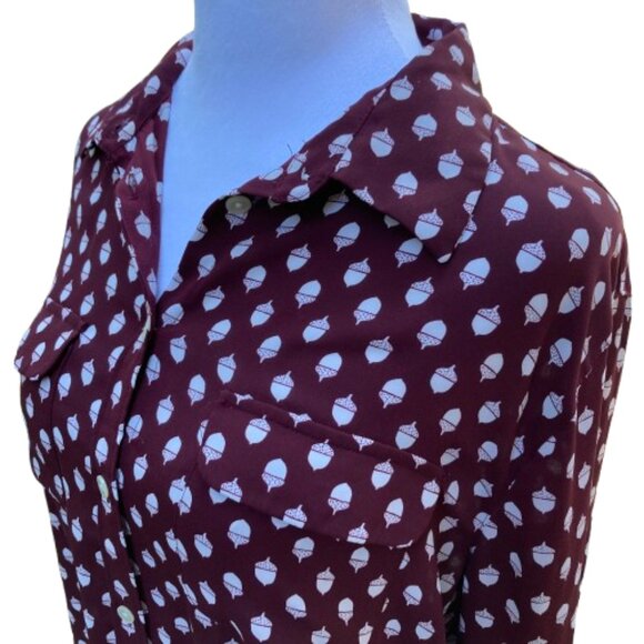 Ann Taylor LOFT Acorn Print Button Down Shirt Cranberry, Size Long Torso, Medium - Picture 5 of 14